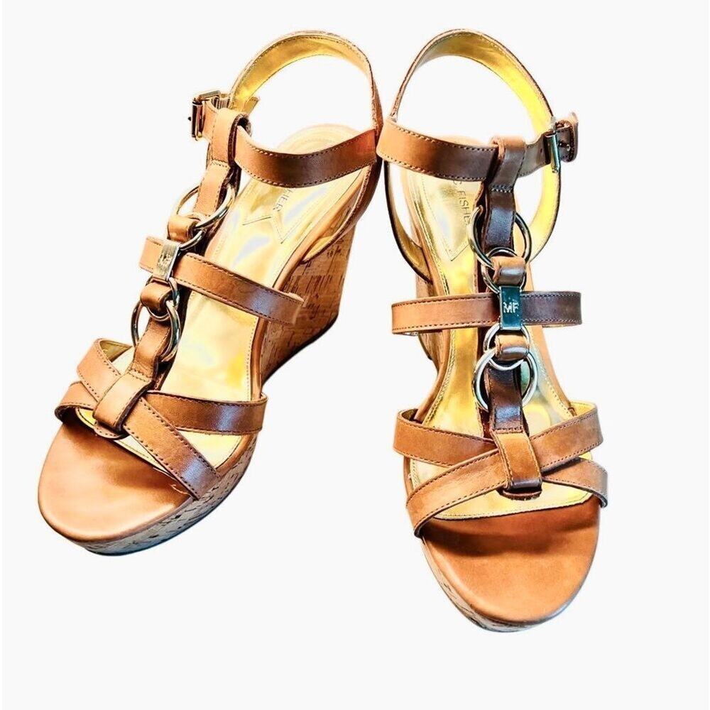 Marc Fisher Genny Brown‎ Leather Strappy Wedge Sandals Gold Metallic Details 10M
